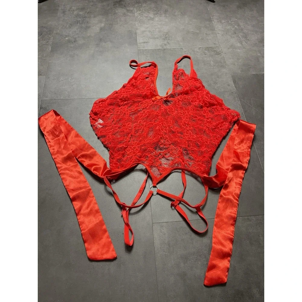Sexy Red Lingerie Lace Dress Stocking Hooks Stripper Size XL F-170